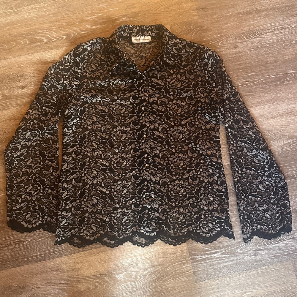 Rena Rowan Silver Black Lace Buttoned Blouse